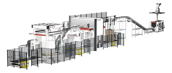Die neue, komplette W&H FFS-Absacklinie, bestehend aus Absackmaschine TOPAS SL, Lagenpalettierer PLATINUM und Stretchhaubenanlage ARGON