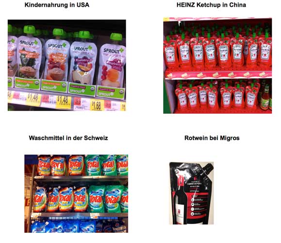Kindernahrung in den USA, Heinz Ketchup in China, Waschmittel in der Schweiz und – ebenfalls in der Schweiz – ein Rotwein im Standbeutel von Migros.