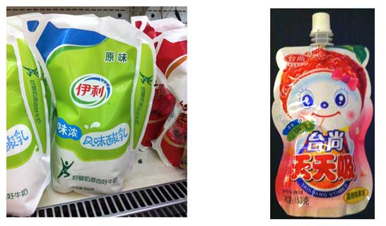 Ecolean aus China zeigt, dass der Standbeutel auch den klassischen Getränkekarton für Milch substituiert. Daneben ein verspielt konturierter Beutel, der besonders junge Verbraucher in China anspricht.