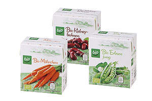 ALDI Süd hat Bio-Möhrchen, Bio-Kidneybohnen und Bio-Erbsen statt in Konserven-Dosen nun in der Kartonpackung combisafe 300 ml von SIG Combibloc in den Verkaufsregalen.