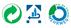 Missdeutige Symbole: nur das rechte Logo kennzeichnet Mehrweg-Verpackungen. Die beiden linken Symbole symbolisieren Recycling und stehen für Einweg-Verpackungen.