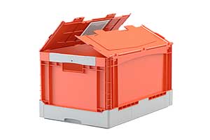 Die Bitobox EQ: Der Klappdeckel lässt sich sicher verplomben, und mit den Schwenkgriffen kann der Lagerarbeiter oder Zusteller den Behälter bequem tragen.