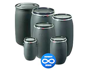 Die Infinity Kunststofffass-Serie wird aus 100% Recycling-Kunststoff hergestellt.