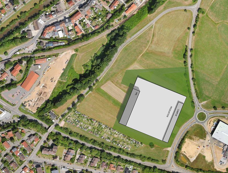 Der geplante Neubau von Faller Packaging umfasst ein Verwaltungsgebäude, eine moderne Produktionshalle mit automatisierter Intralogistik und ein Hochregallager.